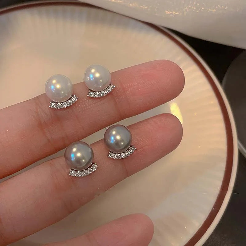 Vintage Silver Color Zircon Pearl Stud Earring for Women Exquisite Simple Round Temperament Earrings Wedding Bridal Jewelry Gift