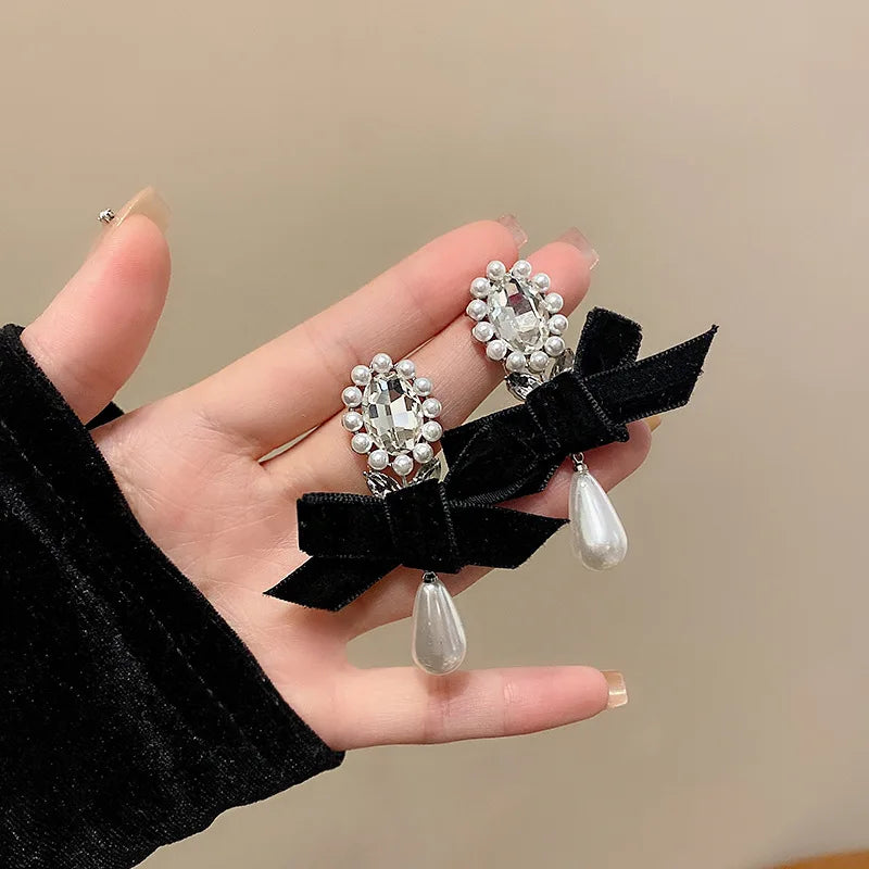 New Vintage Black Velvet Bowknot Dangle Earrings for Women Korean Elegant Pearl Crystal Water Drop Earrings Party Jewelry Gifts