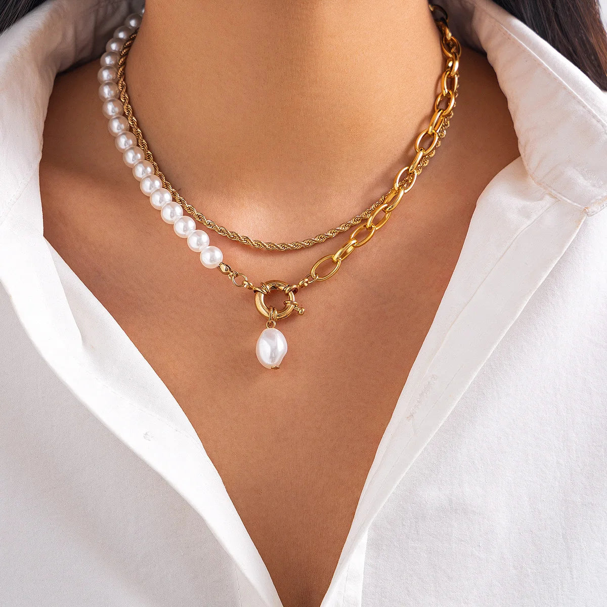 Boho Sweet Imitation Pearl Pendant Bead Necklace Women 2024 Multi Layer Gold Color Metal Cross Chain Girls Fashion Jewelry