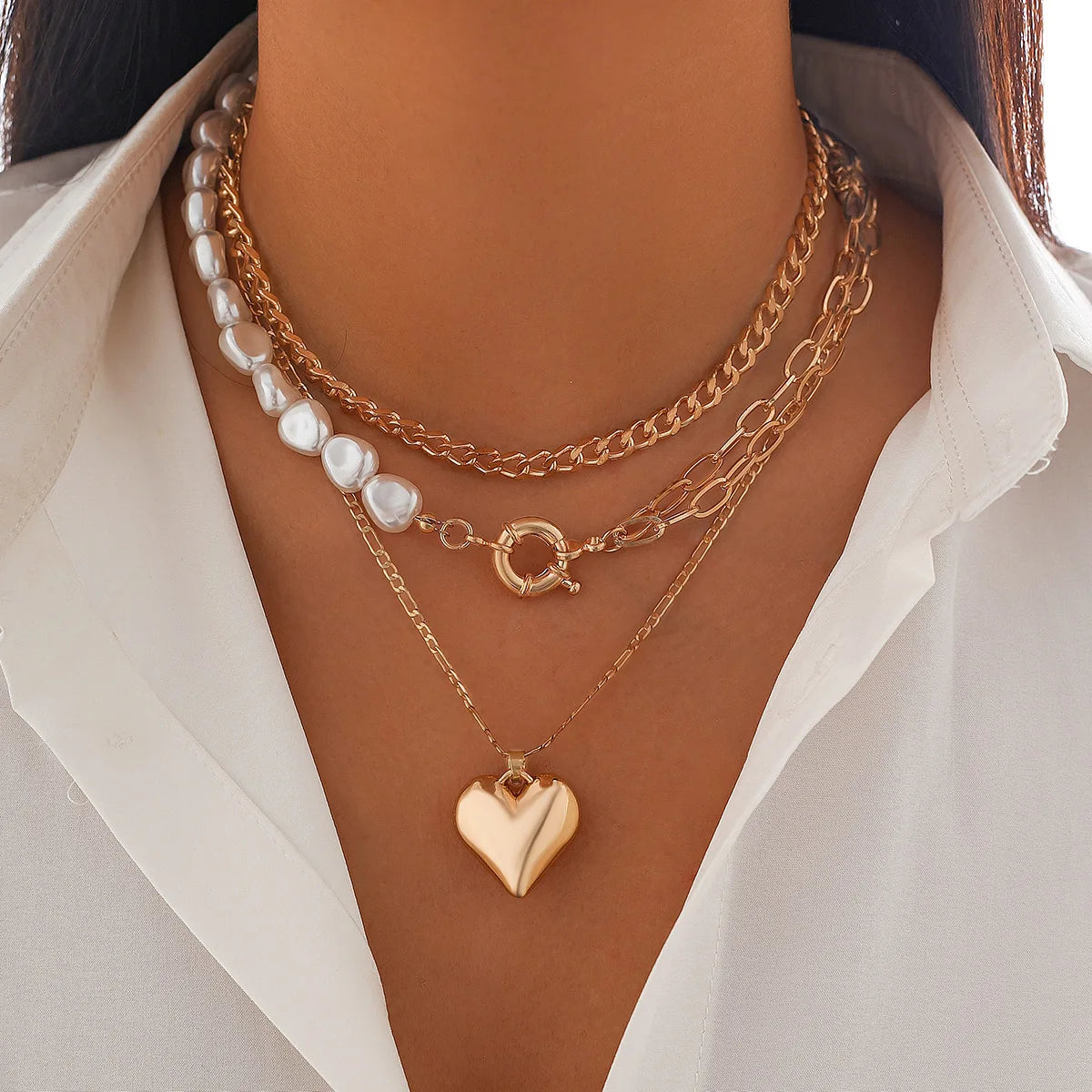 Boho Heart Pendant Necklace 2025 Women's Multi Layer Gold Color Metal Sweet Imitation Pearl Girl Fashion Wedding Jewelry