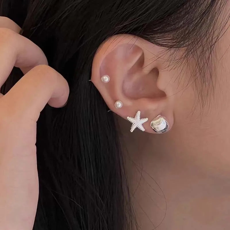 Korean Silver Color Starfish Shell Stud Earrings Set for Women Girl Sweet Asymmetric Romance Earrings Jewelry Gift 2024 New