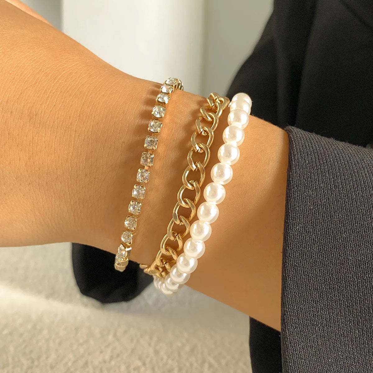 Boho Sparkling Crystal Bracelet Women's Set Vintage Gold Color Metal Simple Faux Pearl Beaded Charm Bracelets Girls Jewelry