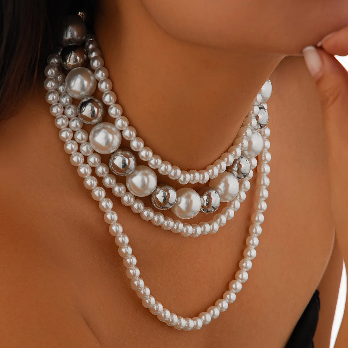 Exaggerated imitation pearl bead collarbone necklace women 2024 multi-layer creative sweet long style girls fashion jewelry