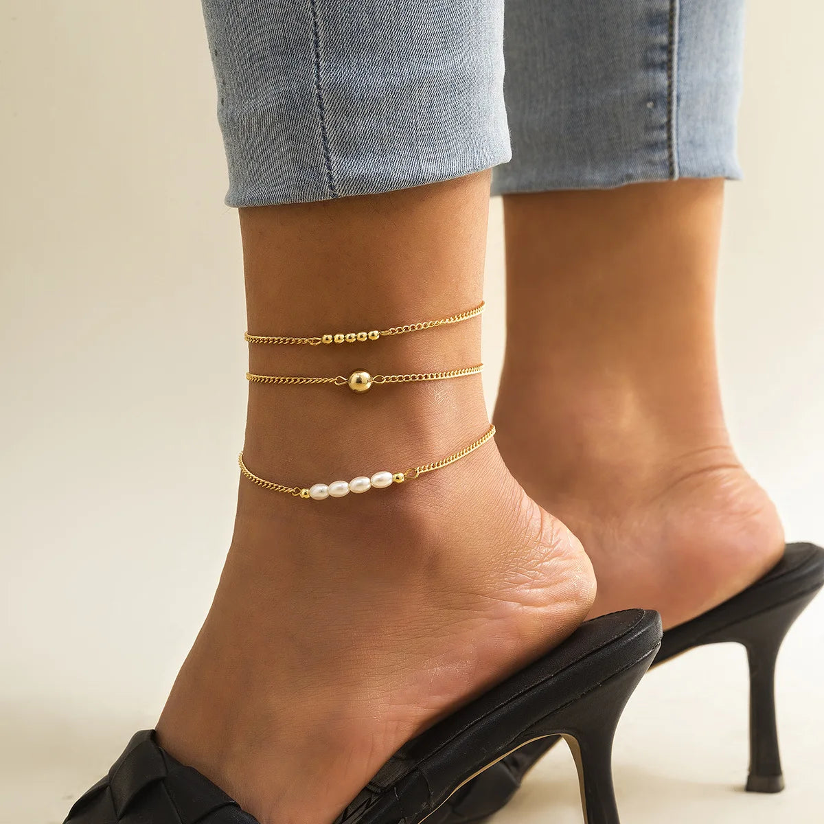 Vintage Simple Imitation Pearl Gold Color Bead Anklet Set Women's 2022 Fashion Metal Summer Beach Slipper Anklets Girls Jewelry