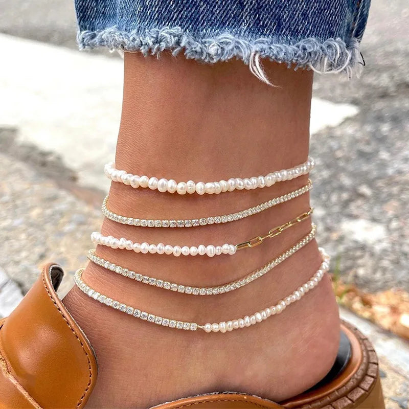 Vintage Shiny Crystal Chain Anklet Women's 2022 Simple Multilayer Imitation Pearl Beaded Anklets Girl Charm Fashion Jewelry