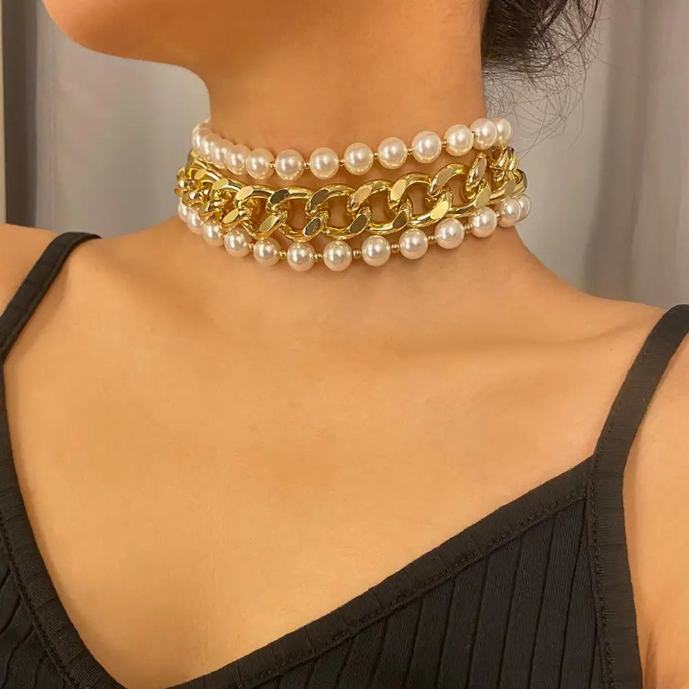 Punk Multilayer Imitation Pearl Beaded Clavicle Necklace Ladies Vintage Gold Color Metal Chunky Necklaces Girls Fashion Jewelry