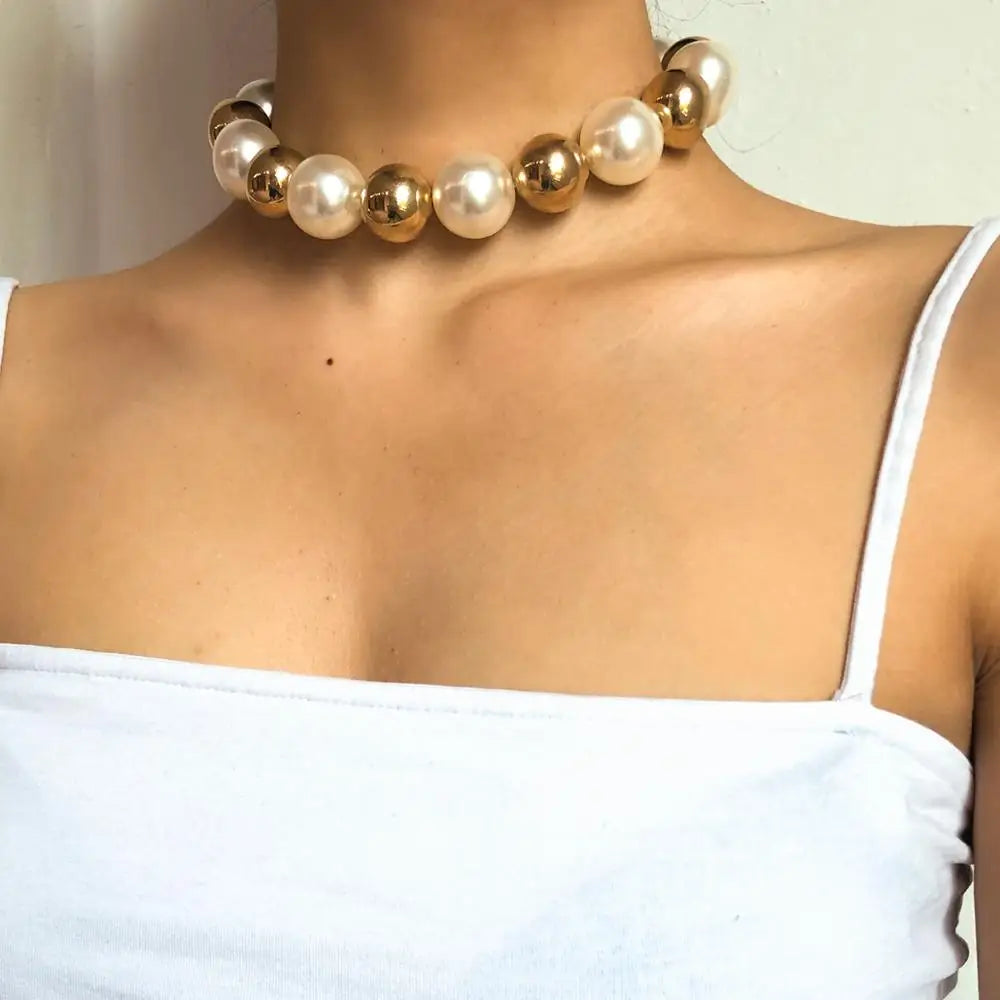 Punk Exaggerated Large Gold Color Beads Retro Imitation Pearl Beaded Clavicle Chain Short Necklace Women's Fashion Jewelry