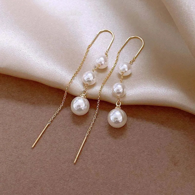 Korean White Imitation Pearl Tassel Drop Earring For Women Exquisite Shiny Zircon Geometric Long Ear Line Earring Jewelry